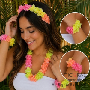 SET HAWAIANO TELA FRUNCIDO FLUO VINCHA COLLAR Y PULSERA (PACK X 10 SET)
